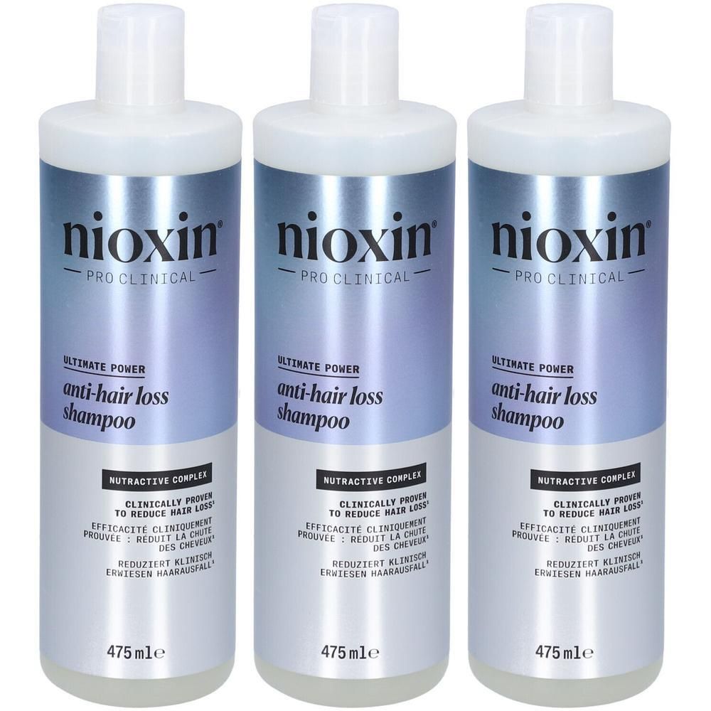 Trois bouteilles de shampooing Nioxin anti-chute, 475ml.