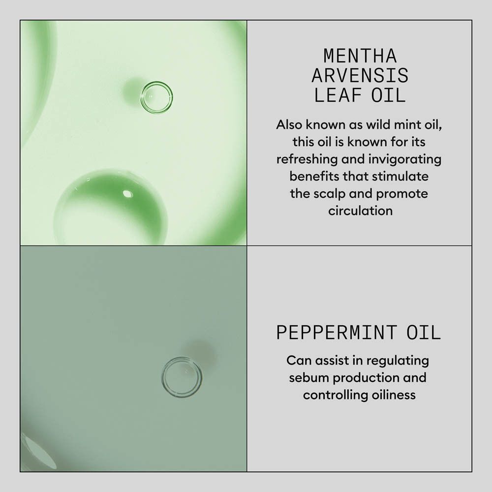 Drie ingrediënten: Mentha Arvensis bladolie, Pepermuntolie en Panthenol met beschrijvingen van hun voordelen.