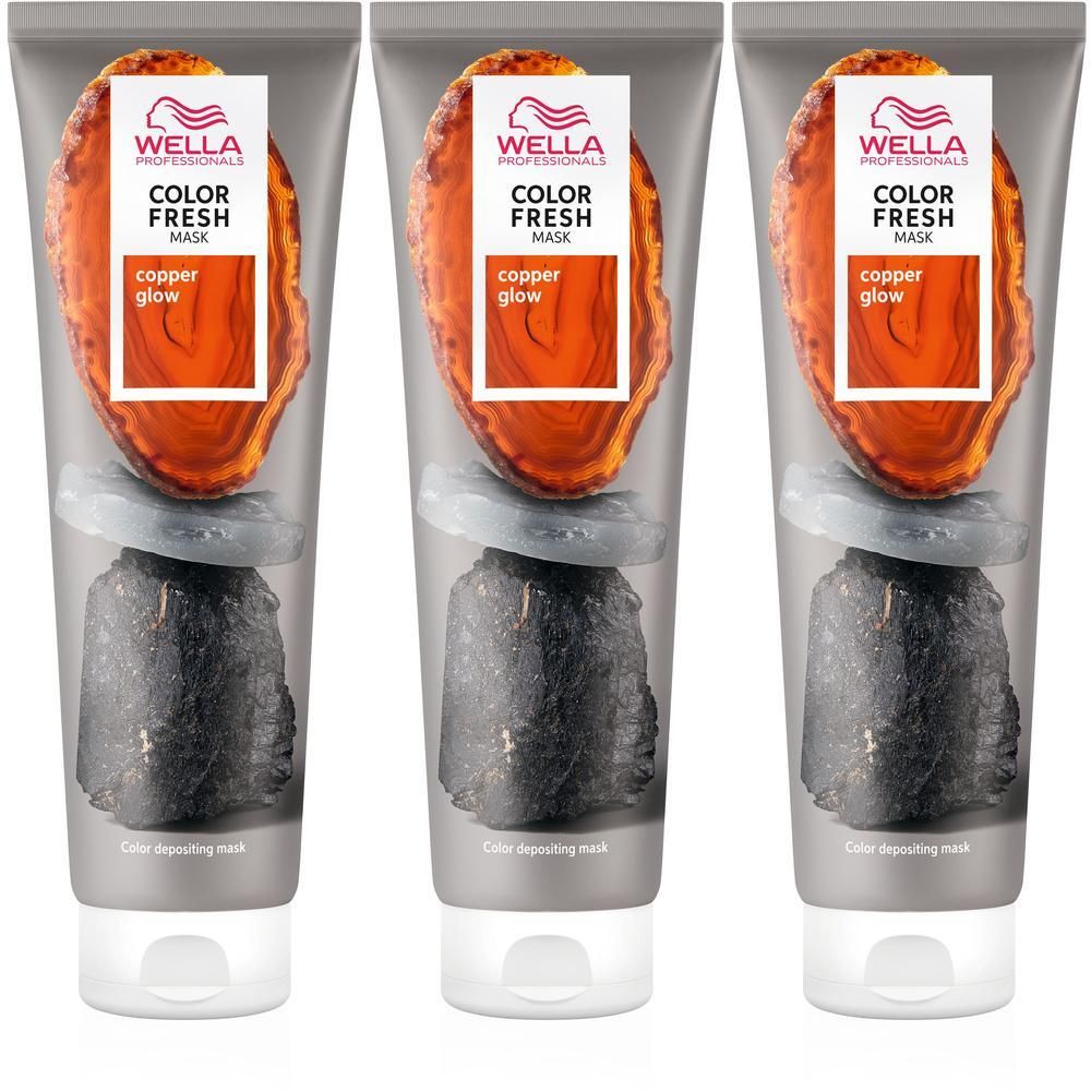 Drie tubes WELLA PROFESSIONALS Color Fresh Mask Copper Glow met steen- en edelsteendecoratie.