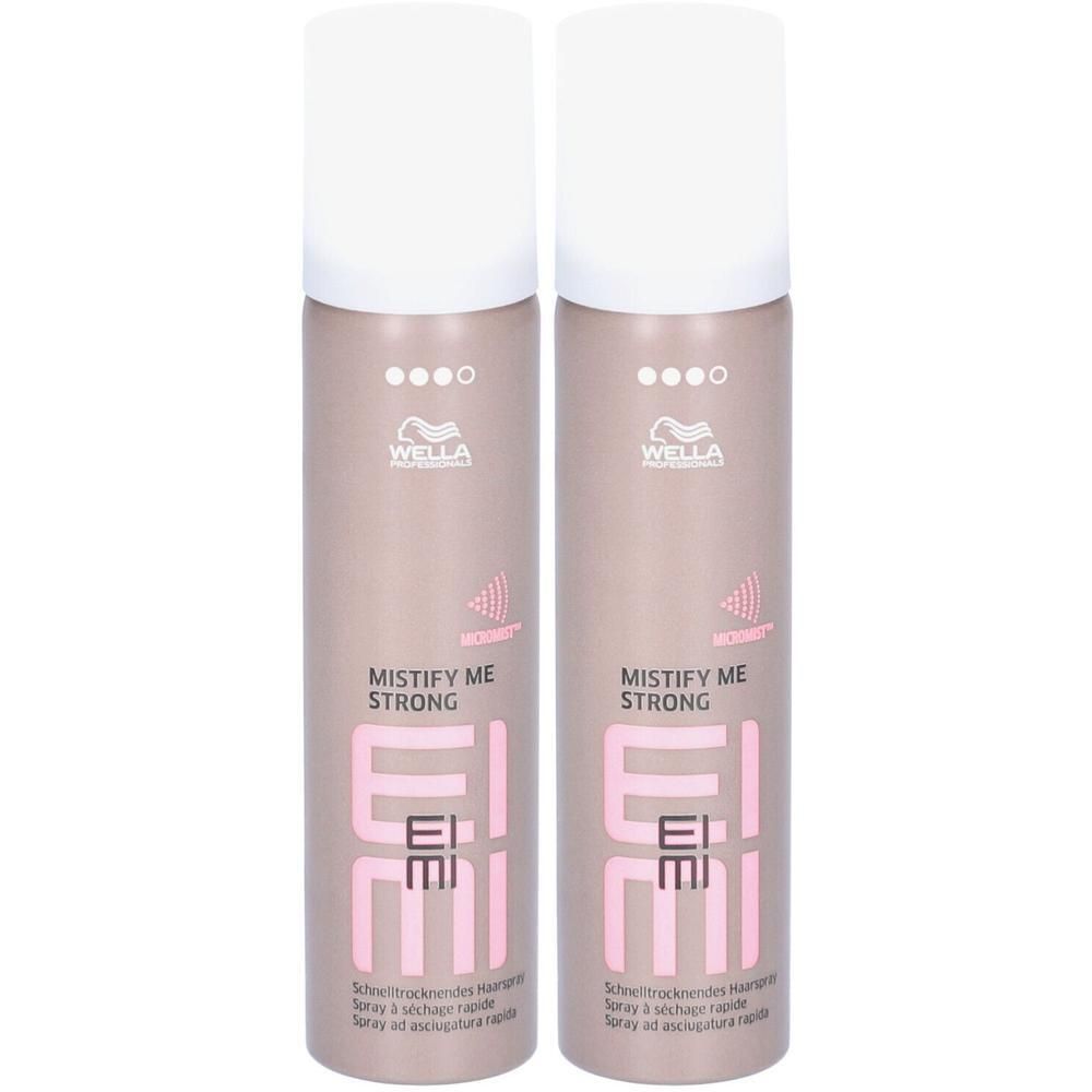 Twee flacons WELLA PROFESSIONALS Mistify Me Strong haarlak. Roze flacons met witte dop.