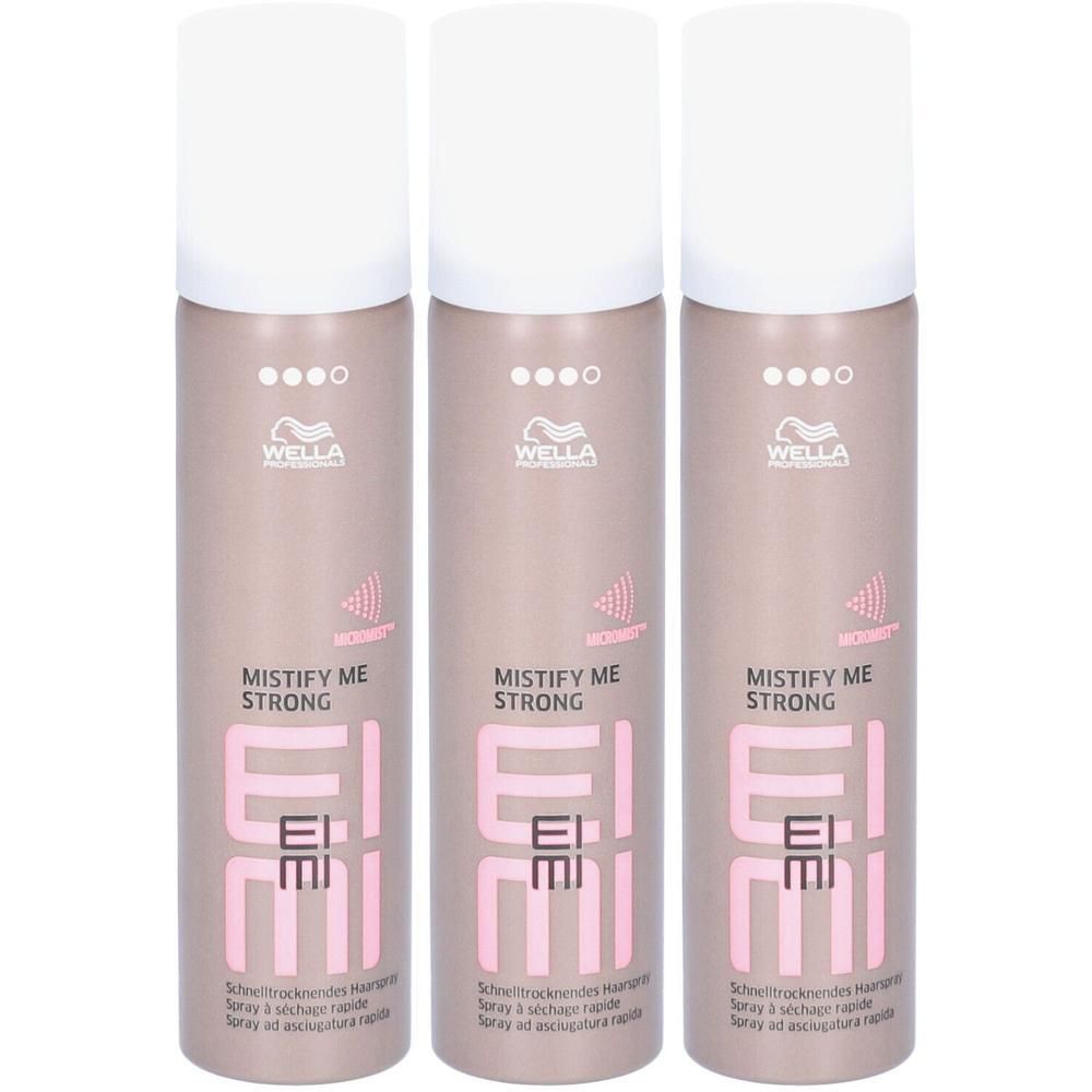 Drie flacons Wella Professionals Mistify Me Strong haarspray.