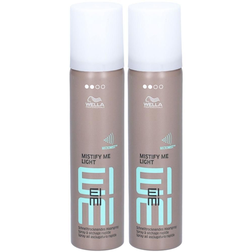 Deux flacons de spray coiffant WELLA PROFESSIONALS EIMI Mistify Me Light. Flacons bruns avec capuchons blancs.