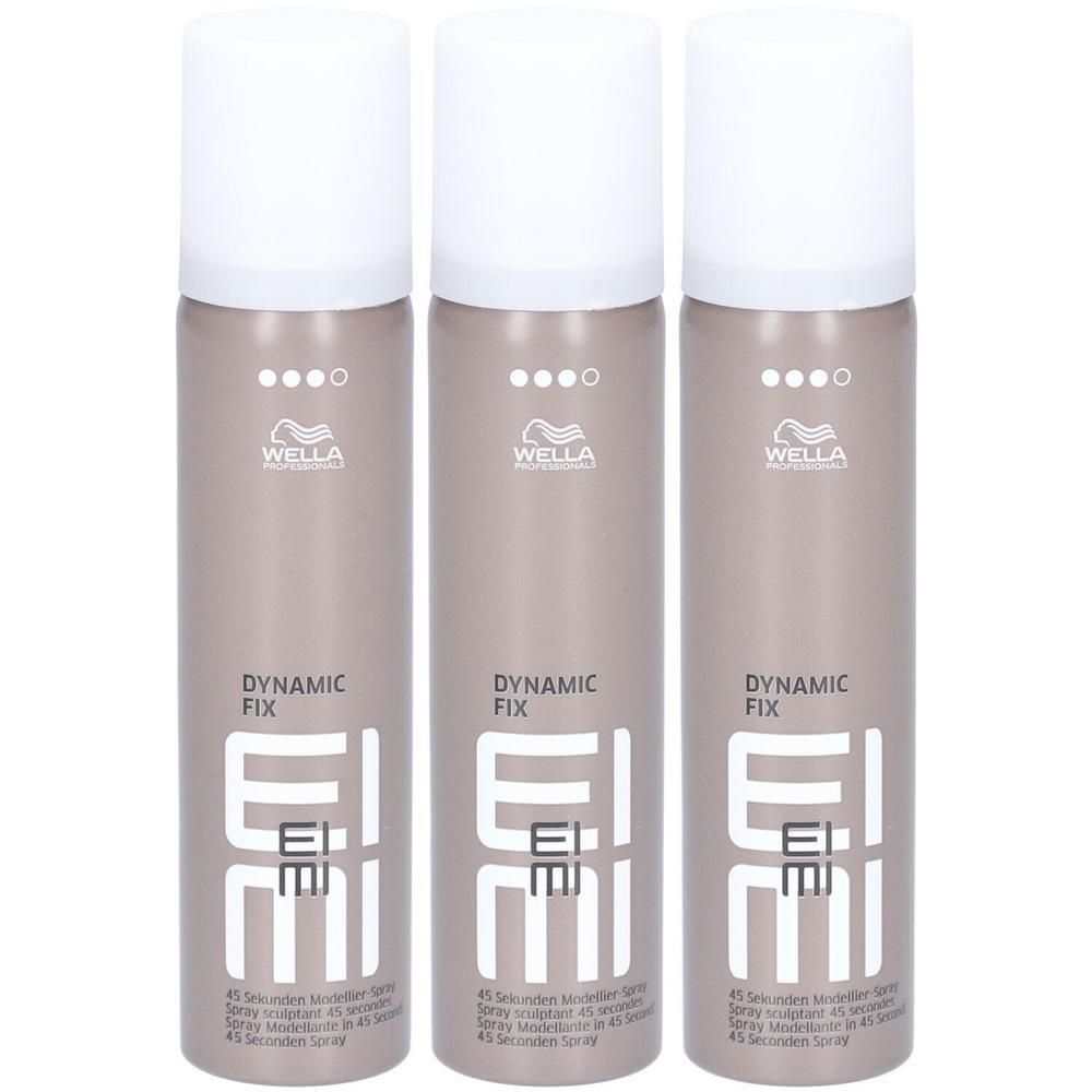 Drie spuitbussen Wella EIMI Dynamic Fix haarlak, neutrale kleur met witte doppen.