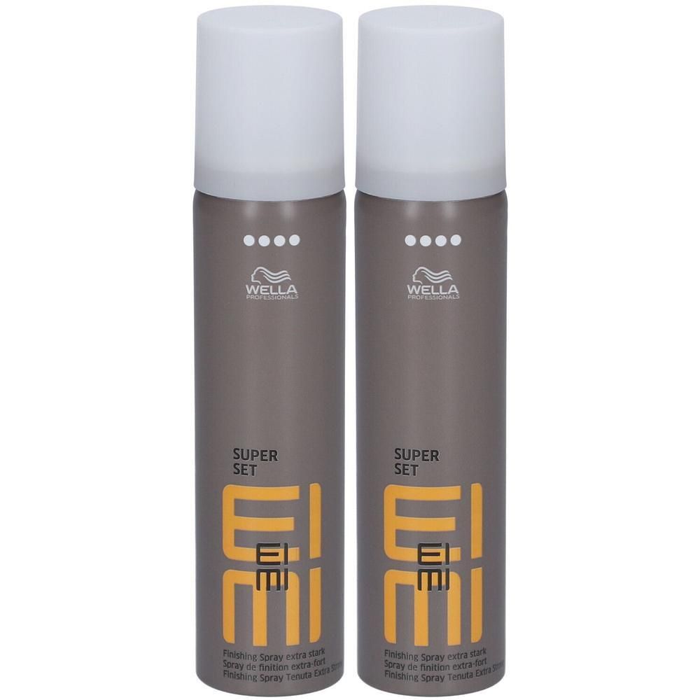 Twee flessen Wella Professionals EIMI Super Set haarlak met witte doppen en grijze body.