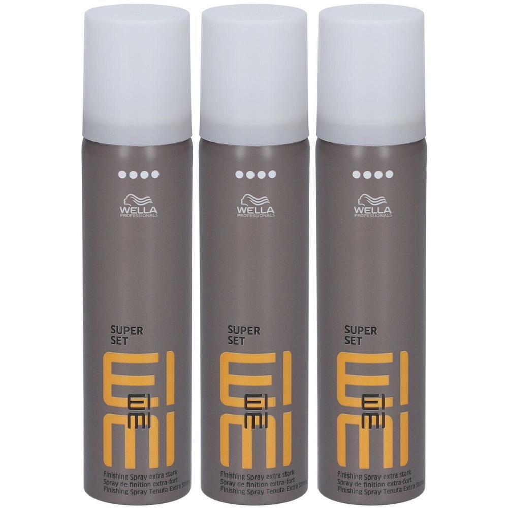 Drie grijze Wella EIMI Super Set haarlak spuitbussen met witte doppen.