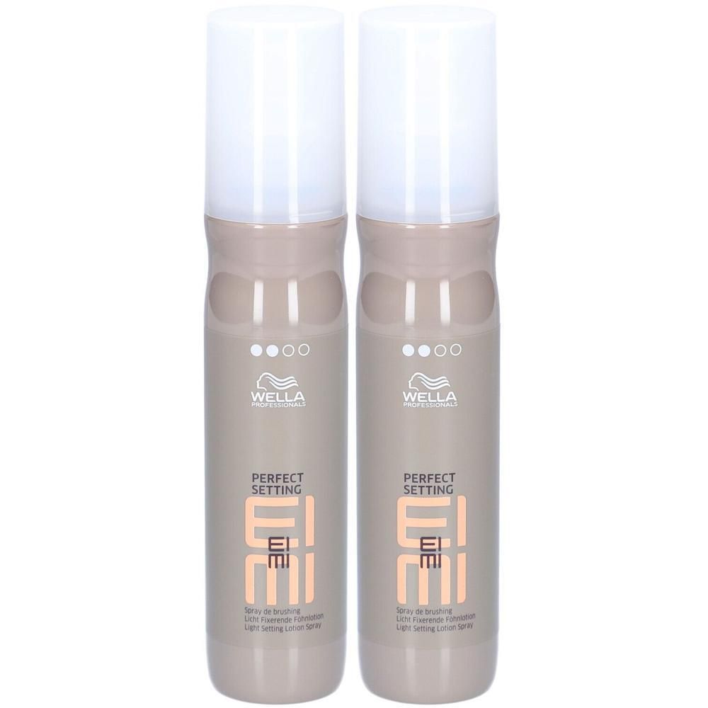 Deux flacons de spray fixant Perfect Setting de Wella Professionals, avec bouchon blanc.