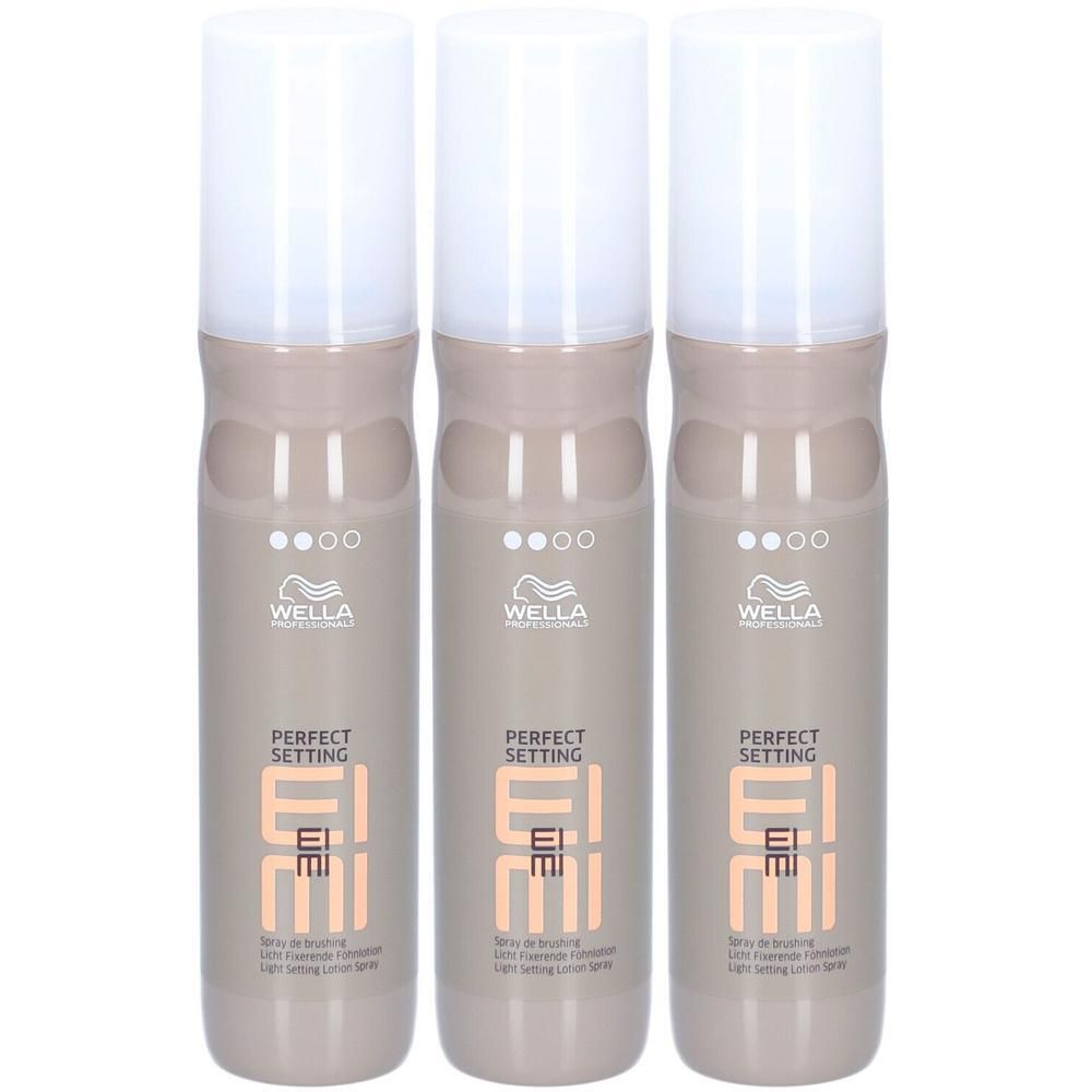 Drie flacons WELLA PROFESSIONALS Perfect Setting haarspray met witte doppen en beige etiketten.