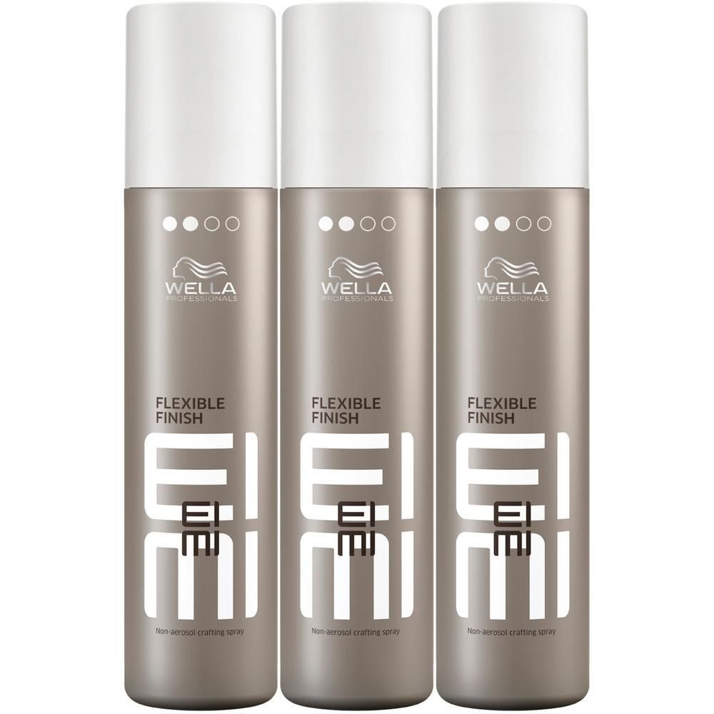 Trois flacons de spray coiffant WELLA PROFESSIONALS Flexible Finish côte à côte.