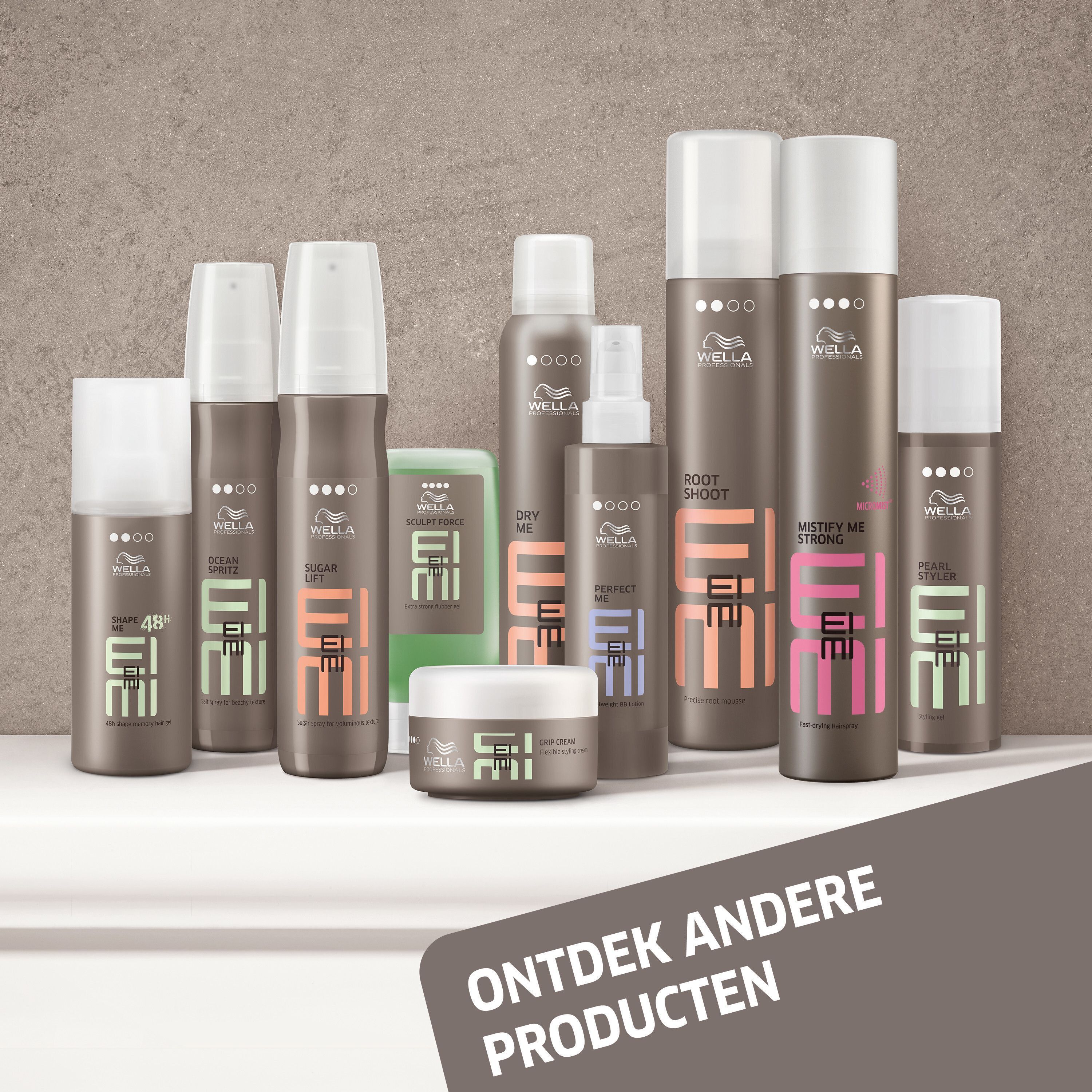 Diverse WELLA PROFESSIONALS haarverzorgingsproducten, waaronder Flexible Finish.