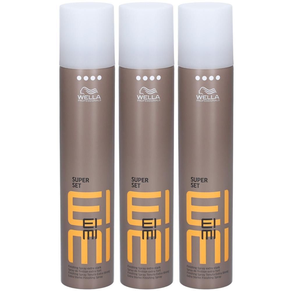 Drie bruine Wella Professionals EIMI Super Set haarlak bussen met witte dop. EIMI-logo duidelijk zichtbaar.