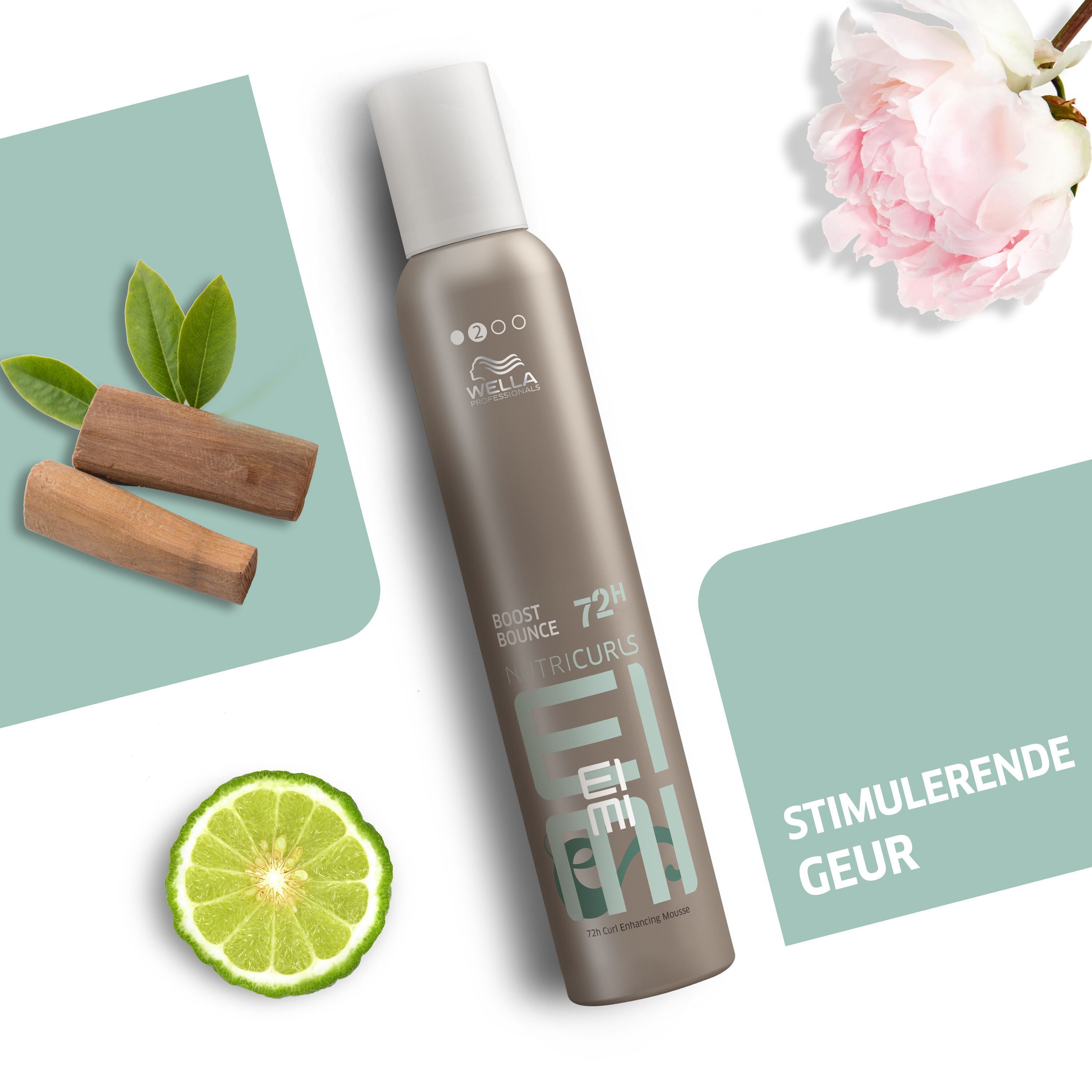 Fles Wella Professionals EIMI Nutricurls Boost Bounce Mousse naast bergamot en stukjes hout.