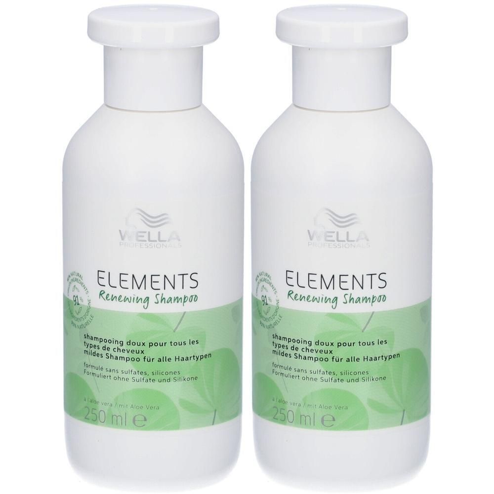 Deux bouteilles blanches de Wella Elements Renewing Shampoo, 250 ml chacune.