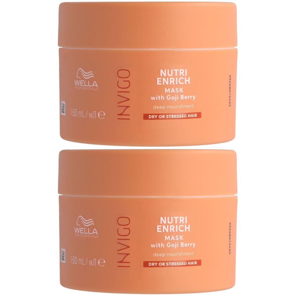 Deux masques Wella Invigo Nutri Enrich à la baie de goji pour cheveux secs.