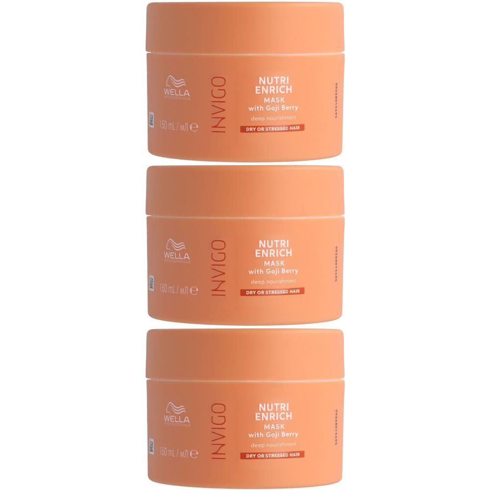 Trois masques capillaires Wella Invigo Nutri Enrich dans des pots orange.