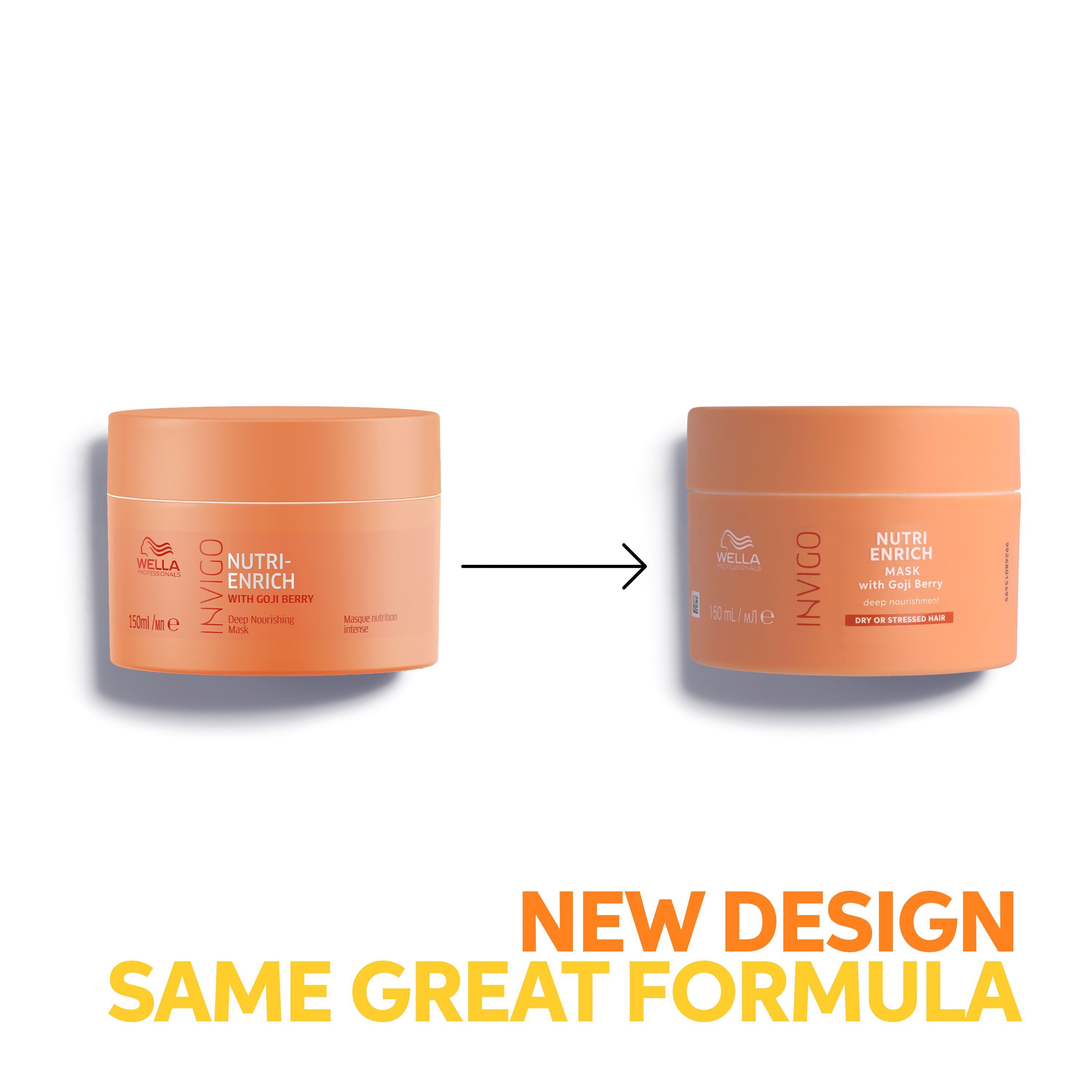 Comparaison de deux masques capillaires Wella Invigo Nutri Enrich avec indication 'Nouveau design, même formule'.