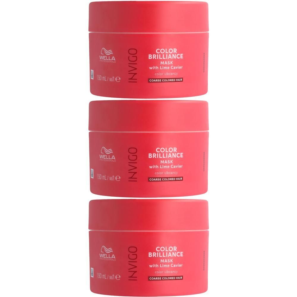 Drie rode Wella Invigo Color Brilliance maskers voor dik, gekleurd haar.