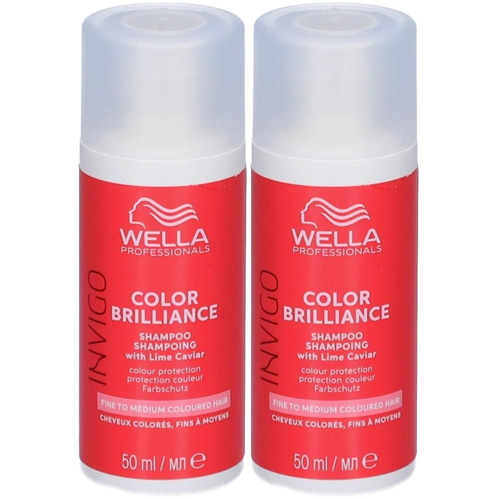 Deux flacons de shampoing Wella Professionals Invigo Color Brilliance, 50 ml chacun.