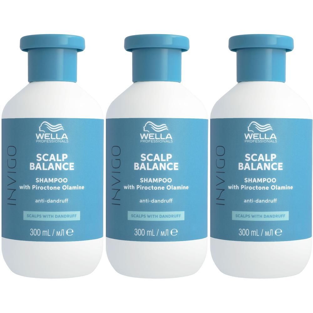 Trois bouteilles de shampooing WELLA PROFESSIONALS Invigo Scalp Balance avec Piroctone Olamine anti-pelliculaire.