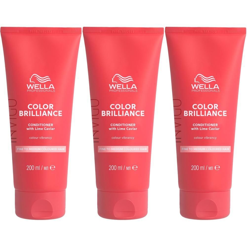 Trois tubes rouges de Wella Professionals Invigo Color Brilliance Conditioner, 200 ml chacun.