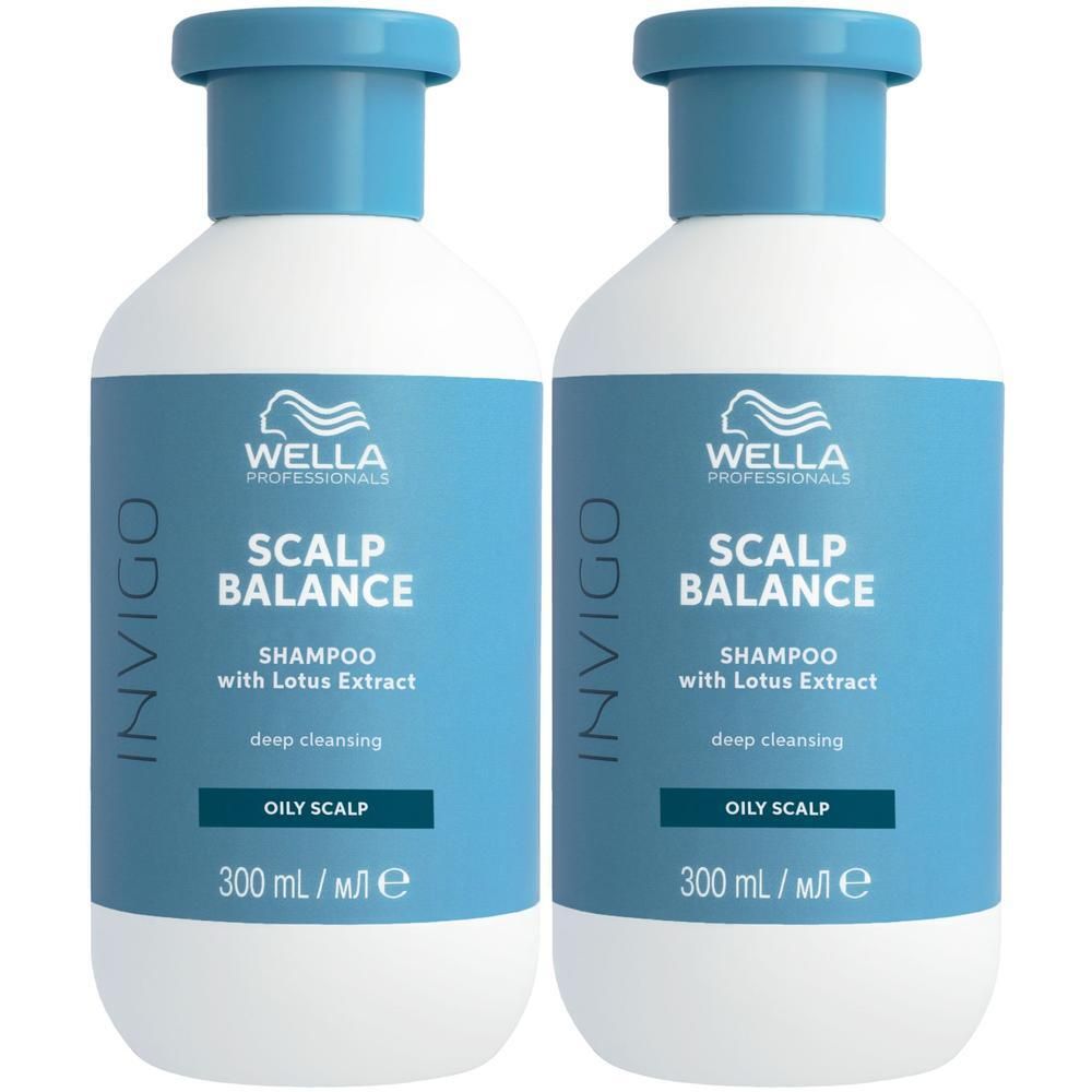 Deux bouteilles de shampoing Wella Invigo Scalp Balance pour cuir chevelu gras, 300ml.