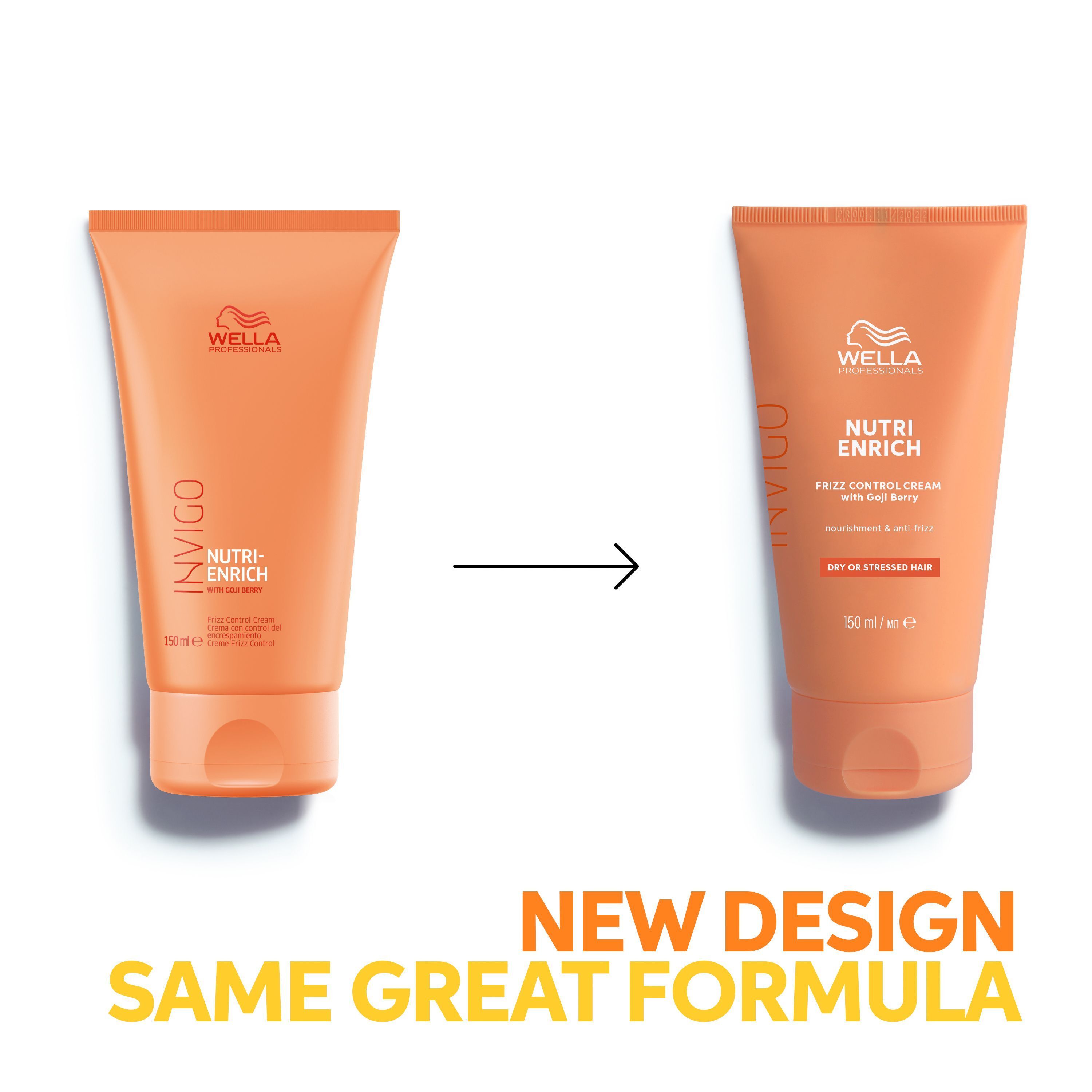 Vergelijking van twee tubes Wella Professionals Invigo Nutri Enrich Frizz Control Cream: oud en nieuw design.