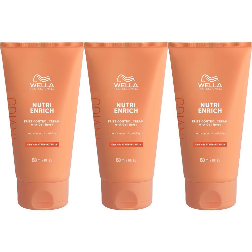 Drie oranje tubes Wella Invigo Nutri Enrich Frizz Control Cream.