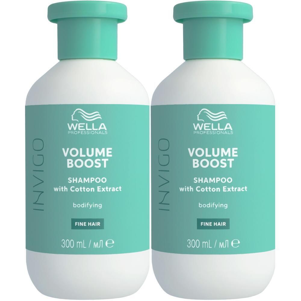 Deux bouteilles de shampoing Wella Professionals Invigo Volume Boost pour cheveux fins, 300ml.