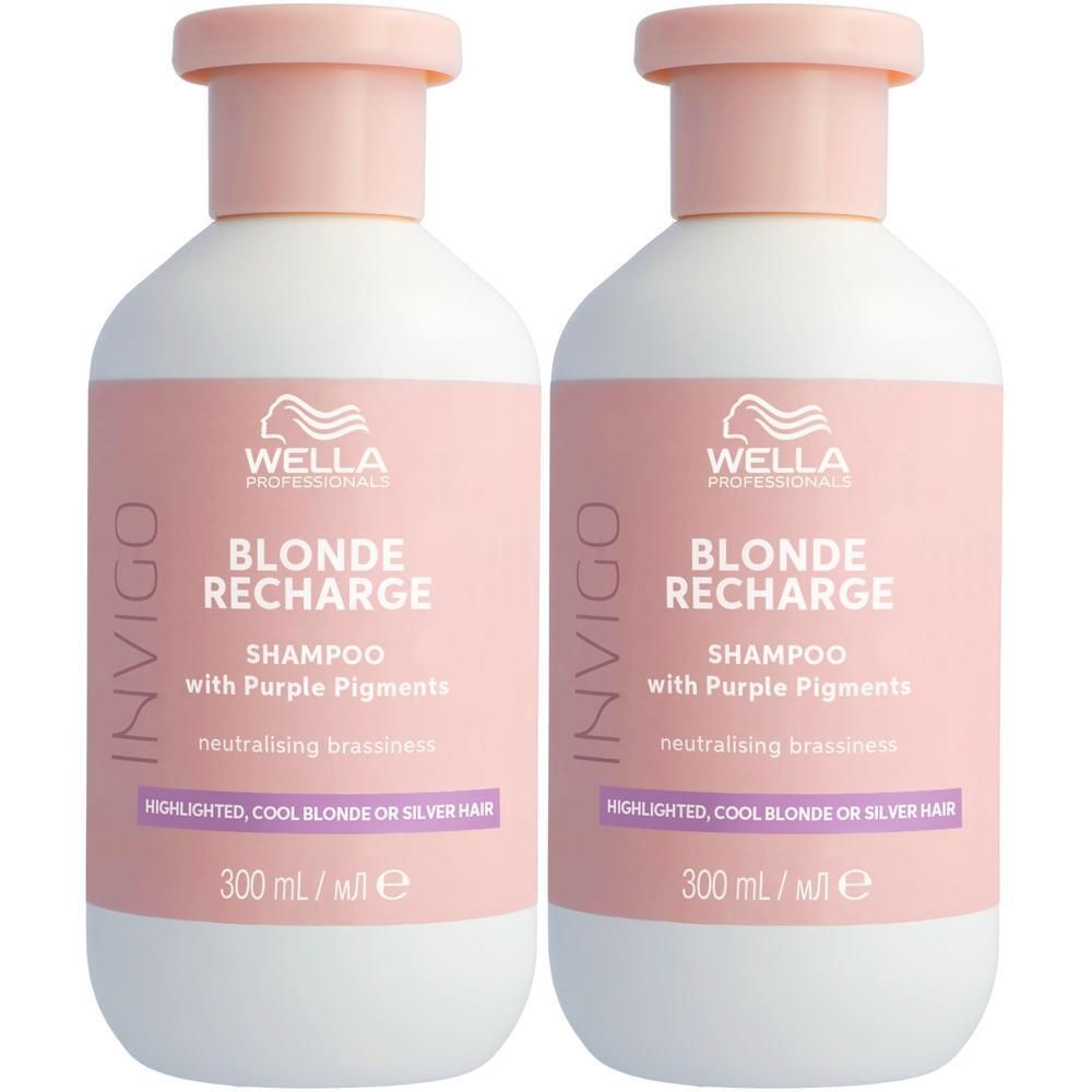 Twee flessen Wella Professionals Invigo Blonde Recharge shampoo met paarse pigmenten, 300 ml.