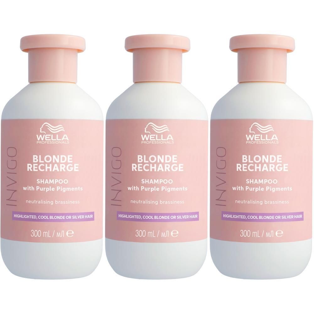 Trois bouteilles de shampooing WELLA PROFESSIONALS Invigo Blonde Recharge aux pigments violets.