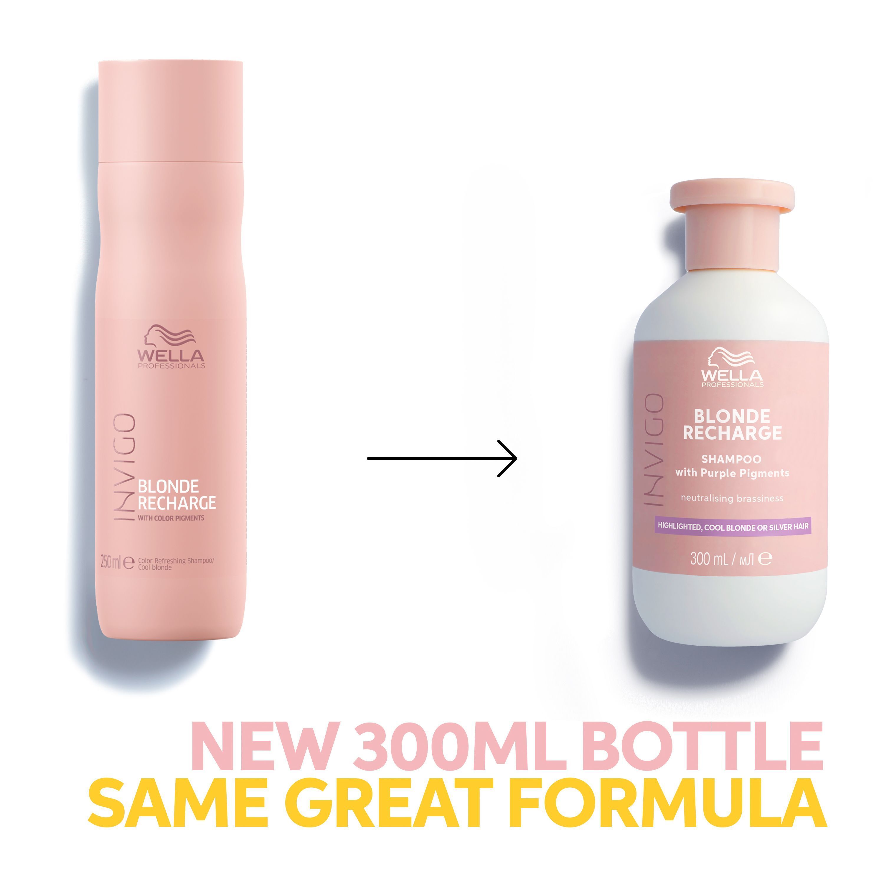 Comparaison de l'ancienne et de la nouvelle bouteille de shampooing WELLA PROFESSIONALS Invigo Blonde Recharge.