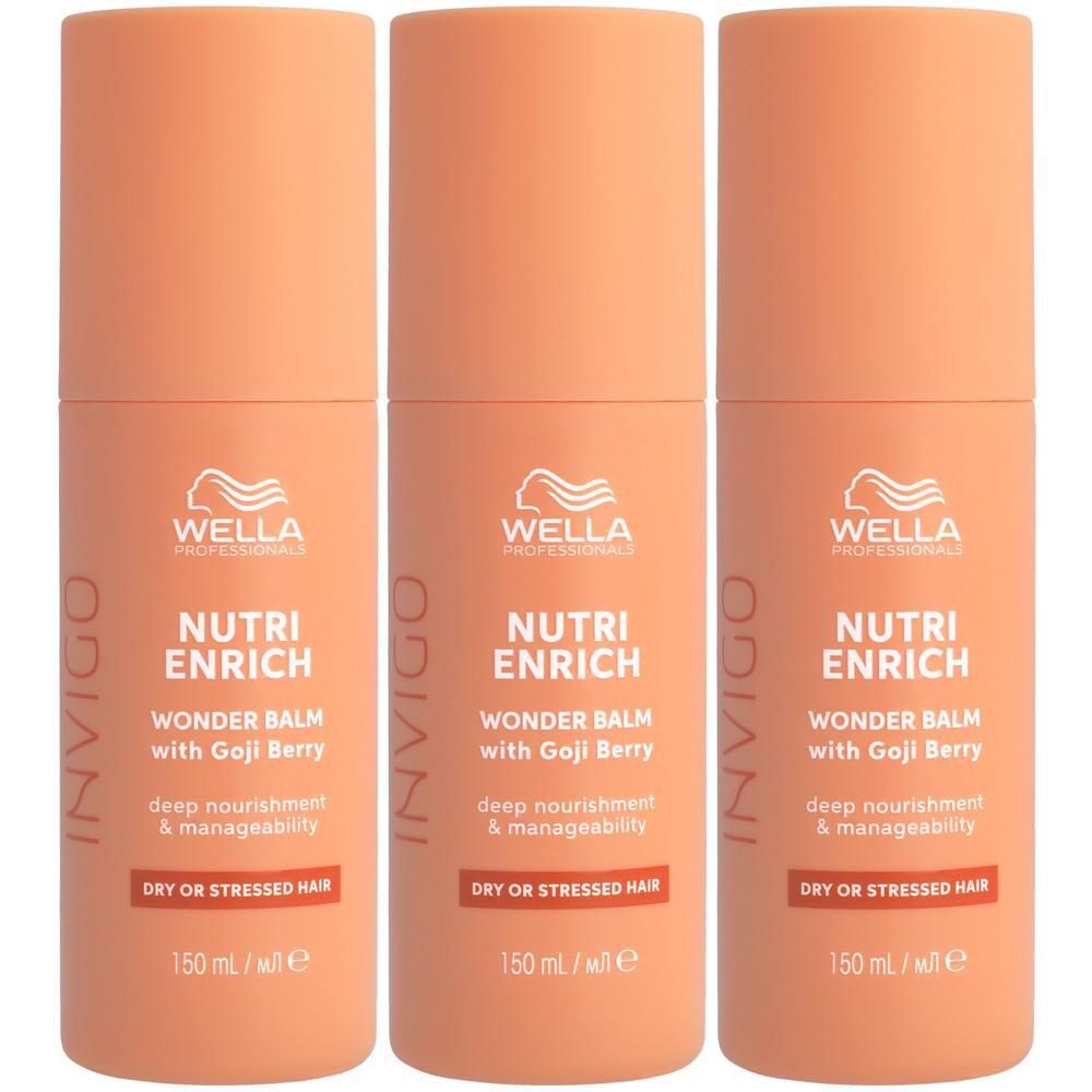 Drie flacons Wella Professionals Invigo Nutri Enrich Wonder Balm met gojibessen voor droog of gestrest haar.