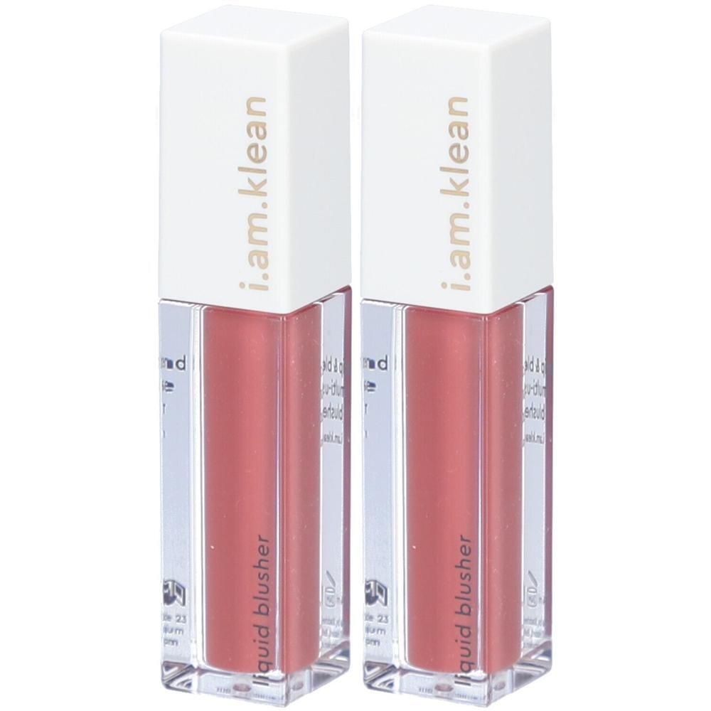 Twee flesjes vloeibare blush in pruimkleur met witte dopjes met "i.am.klean" erop.
