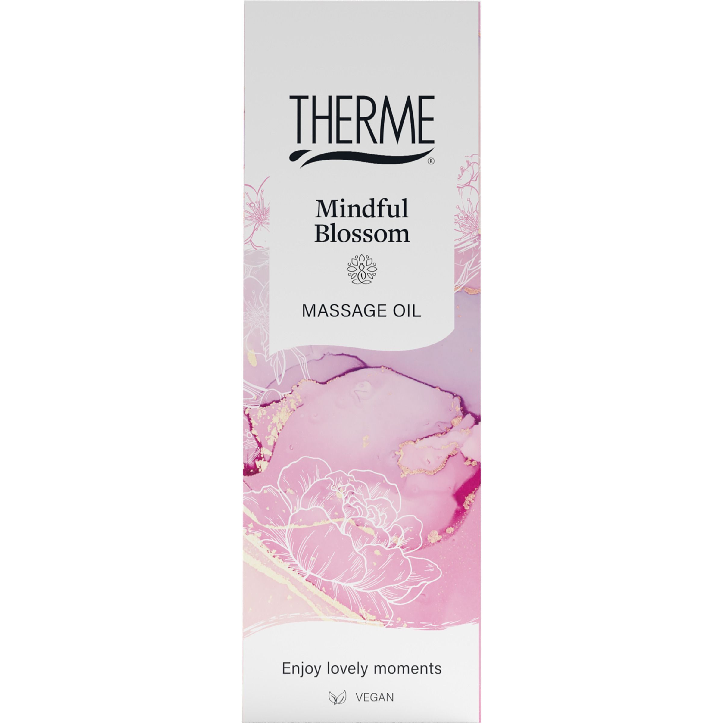 Verpakking voor Therme Mindful Blossom massageolie, bloemenmotief, met 'VEGAN' vermelding.