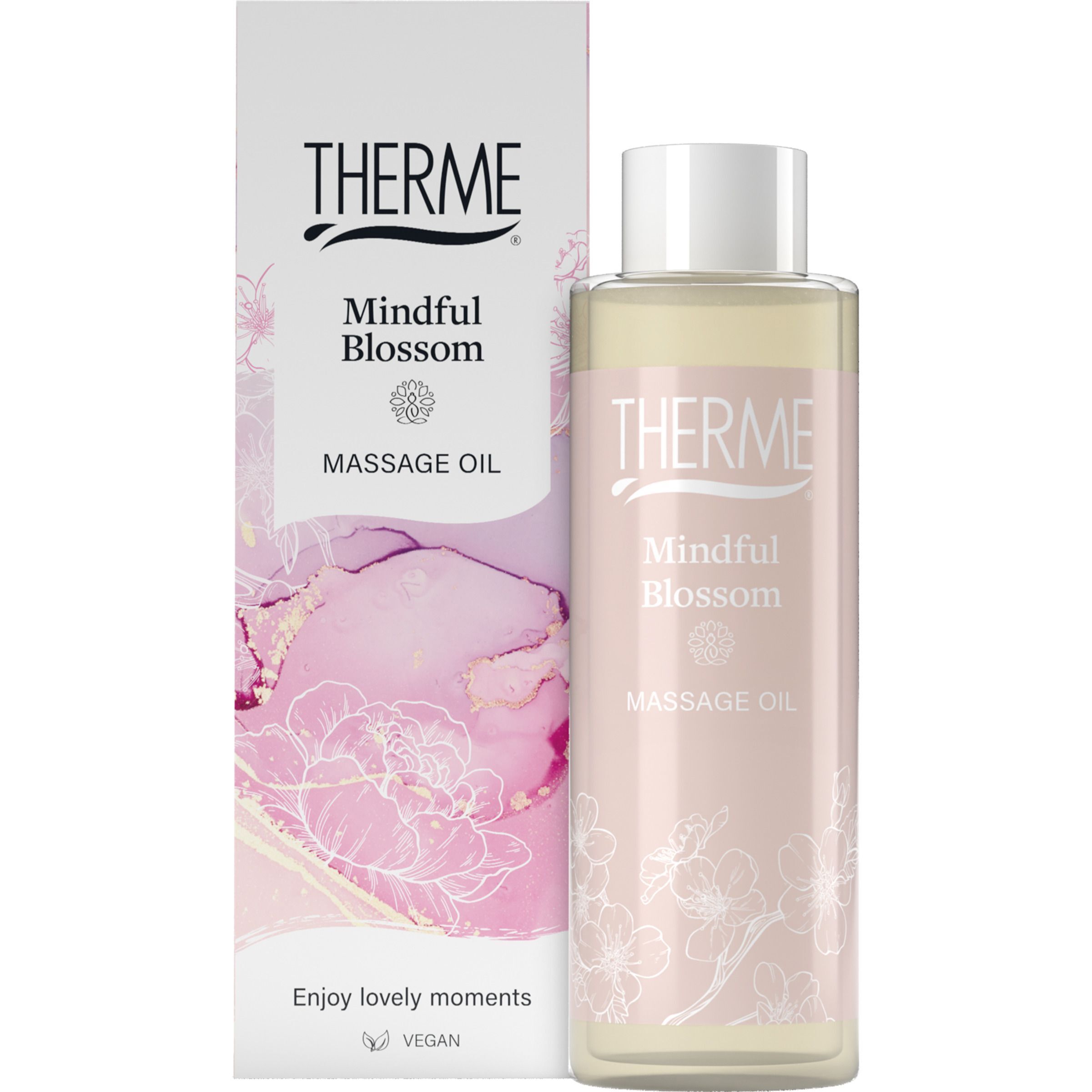 Fles Therme Mindful Blossom massageolie naast de verpakking, roze bloemmotief.