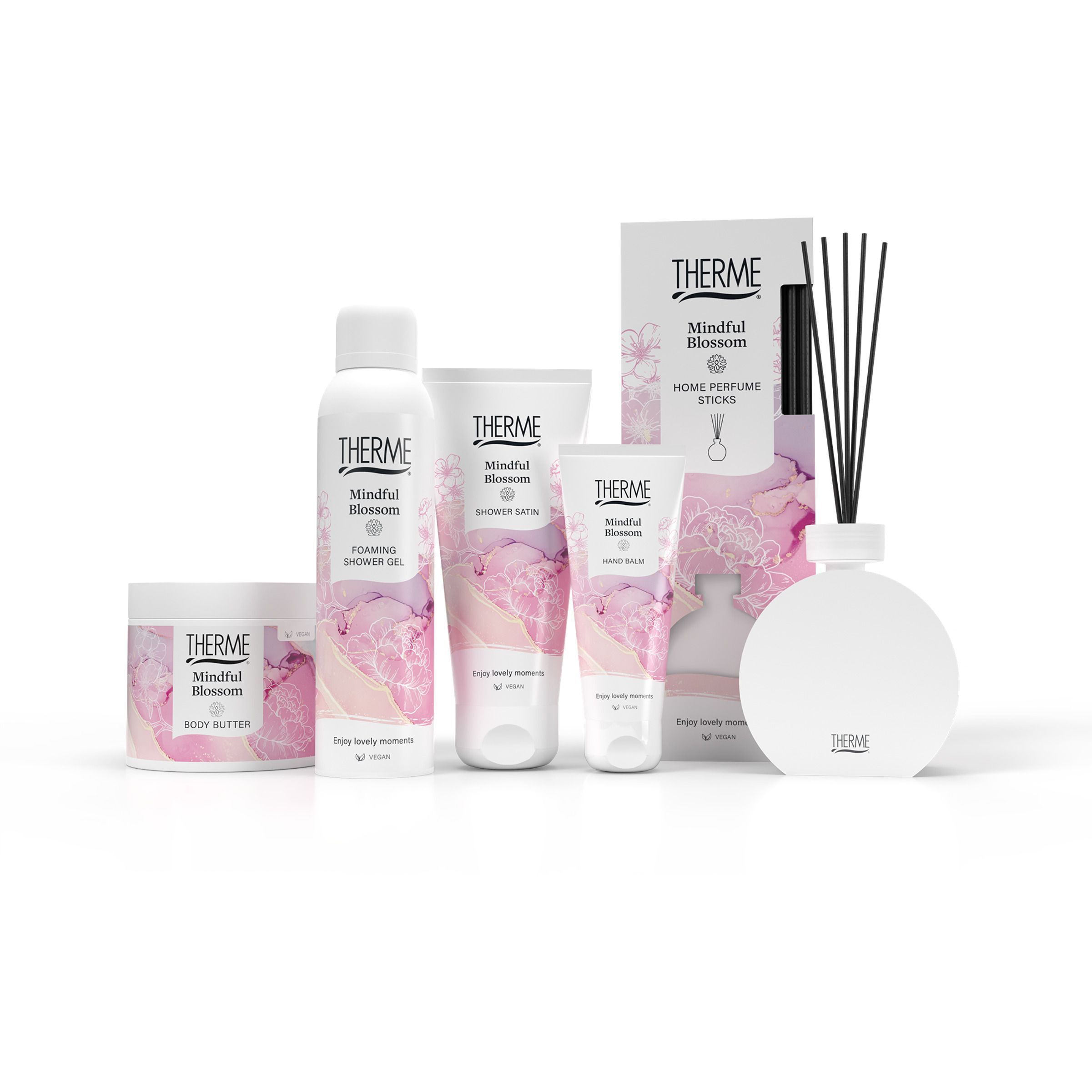 Productset Therme Mindful Blossom: Body Butter, massageolie, douchegel, handcrème, home parfum.