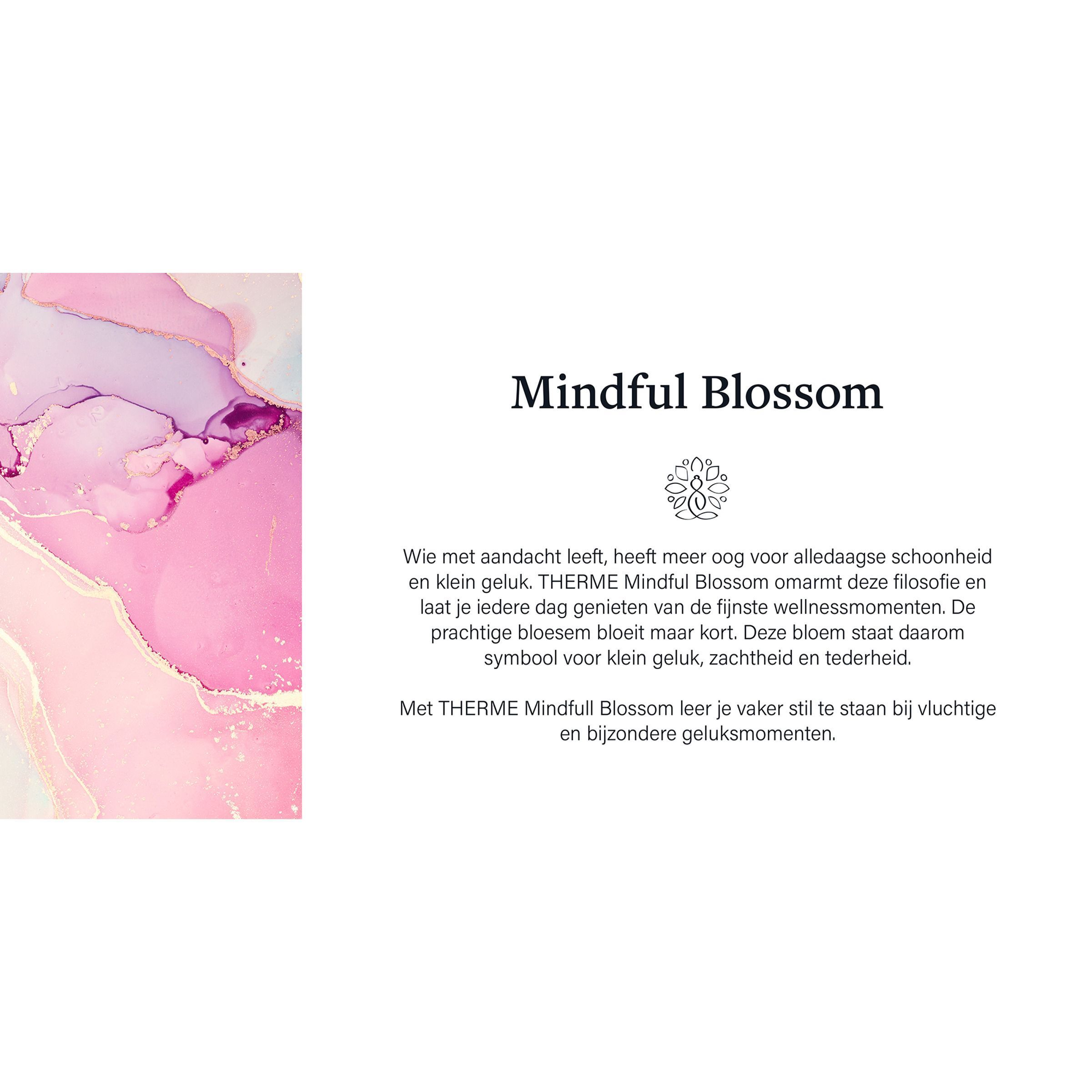 Tekst over Therme Mindful Blossom met bloemenpatroon en vegan-keurmerk.