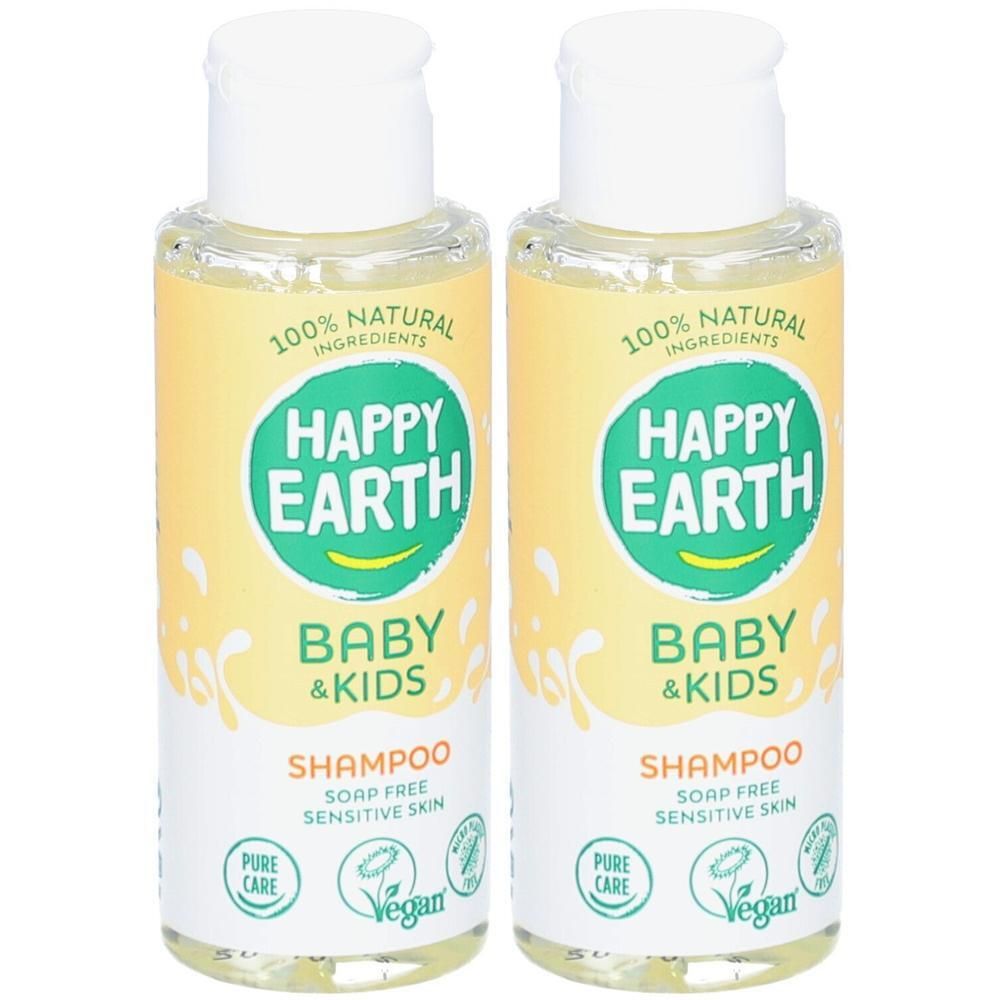 Twee flessen Happy Earth Baby & Kids Shampoo, 100% natuurlijke ingrediënten, zeepvrij, voor gevoelige huid.
