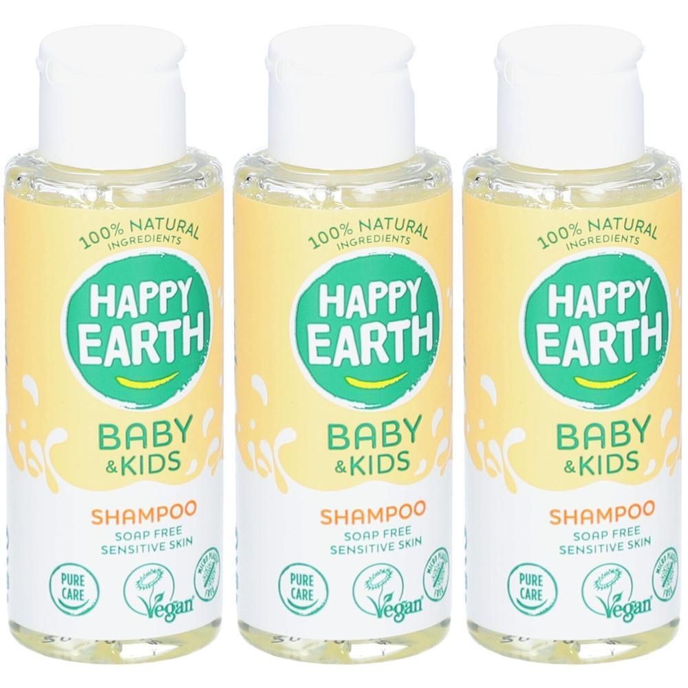 Trois bouteilles de shampooing Happy Earth Baby & Kids. Ingrédients 100% naturels, sans savon, pour peaux sensibles.
