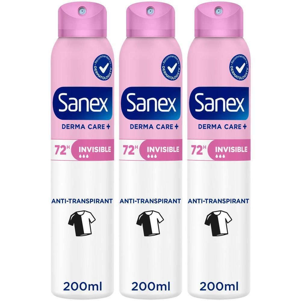 Trois sprays Sanex Dermo Invisible 24h Anti-transpirant, 200ml.