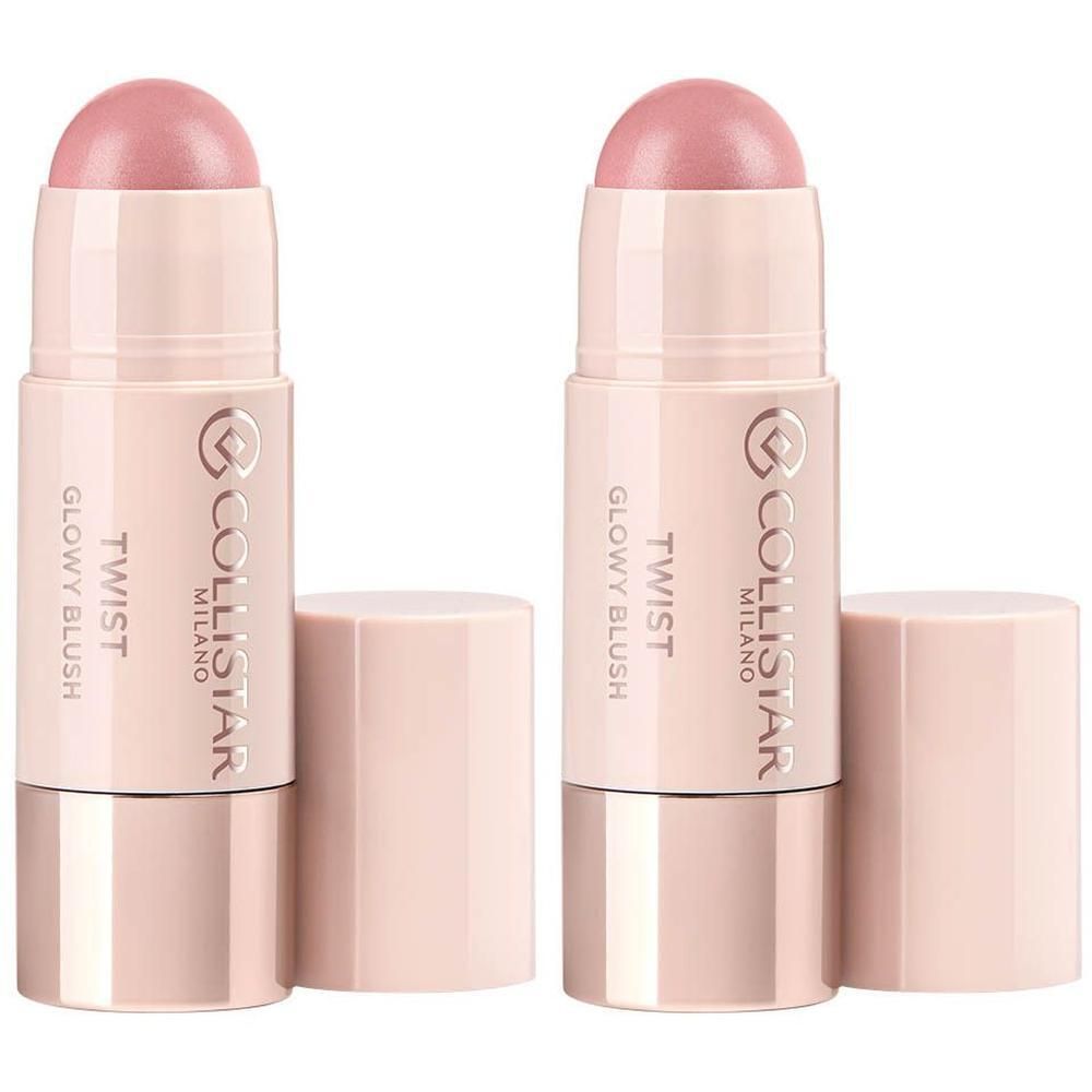 Twee roze blush sticks met gouden doppen en zilveren accenten. Eén stick is open.