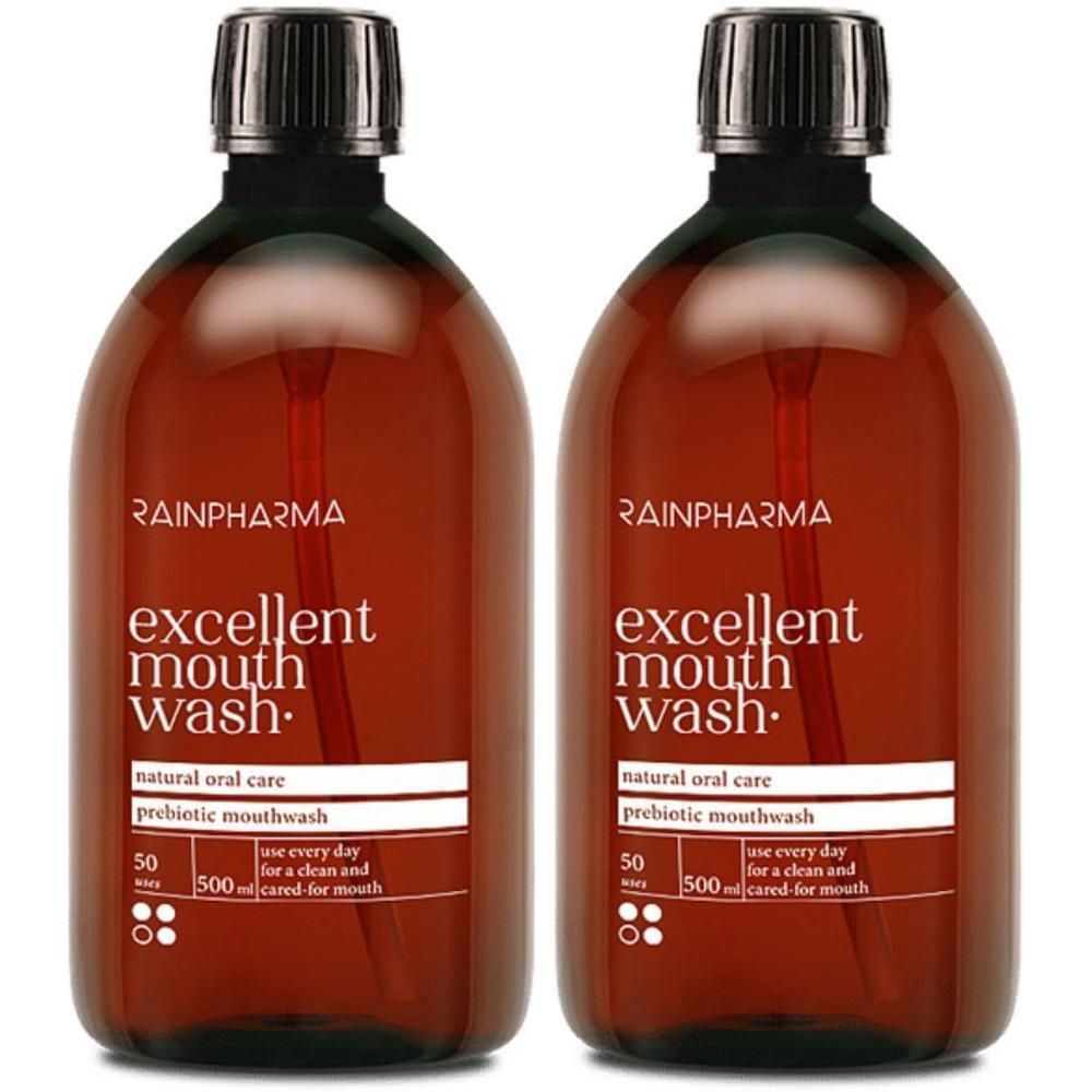 Deux flacons bruns Rainpharma Excellent Mouthwash avec bouchon pompe. Soin bucco-dentaire naturel, bain de bouche prébiotique.