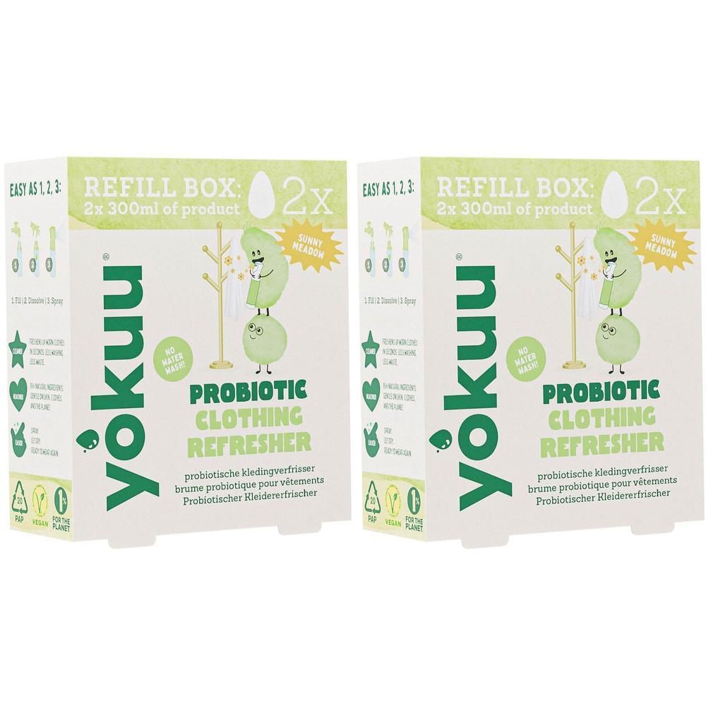 Deux boîtes de recharge Yokuu pour rafraîchisseur de vêtements probiotique, 300ml chacune.