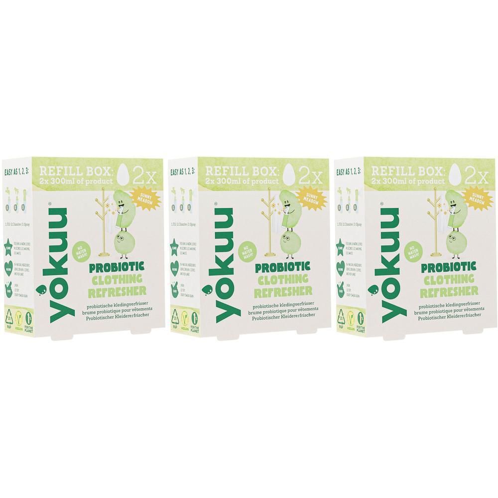 Trois boîtes de recharge Yokuu pour rafraîchisseur de vêtements probiotique, 2x 300ml chacune.