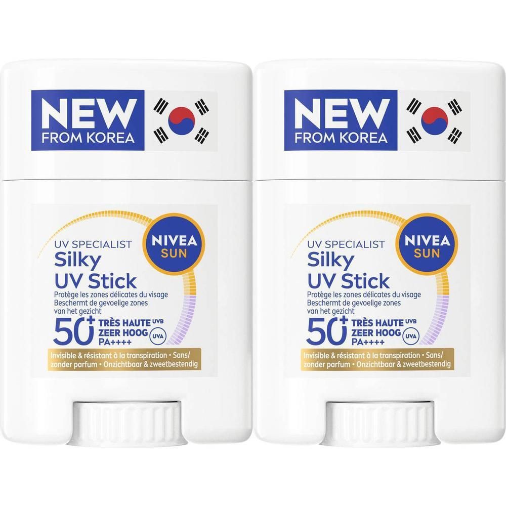 Deux sticks NIVEA SUN UV SPF50 dans leur emballage blanc, inscription "NEW FROM KOREA".
