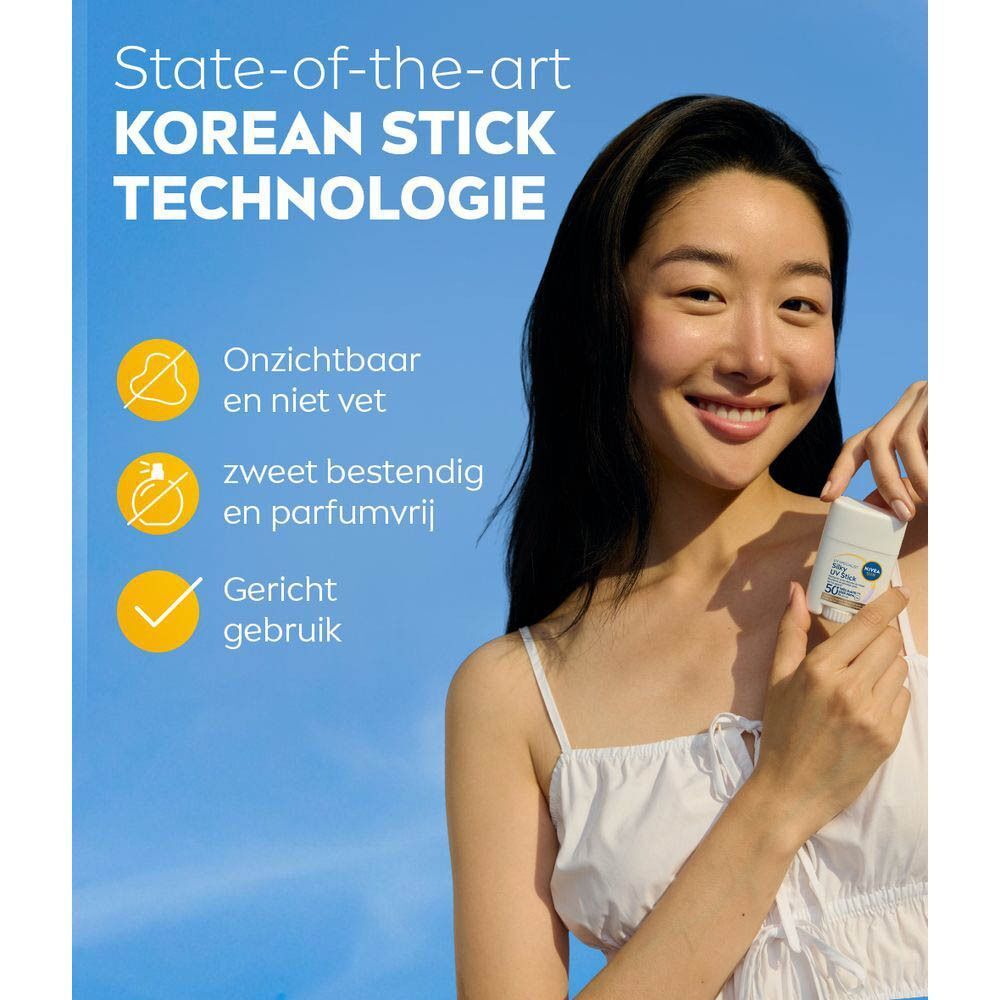 NIVEA Sun UV Stick gezicht SPF 50+ met kenmerken zoals 'Ademende UV-bescherming'.