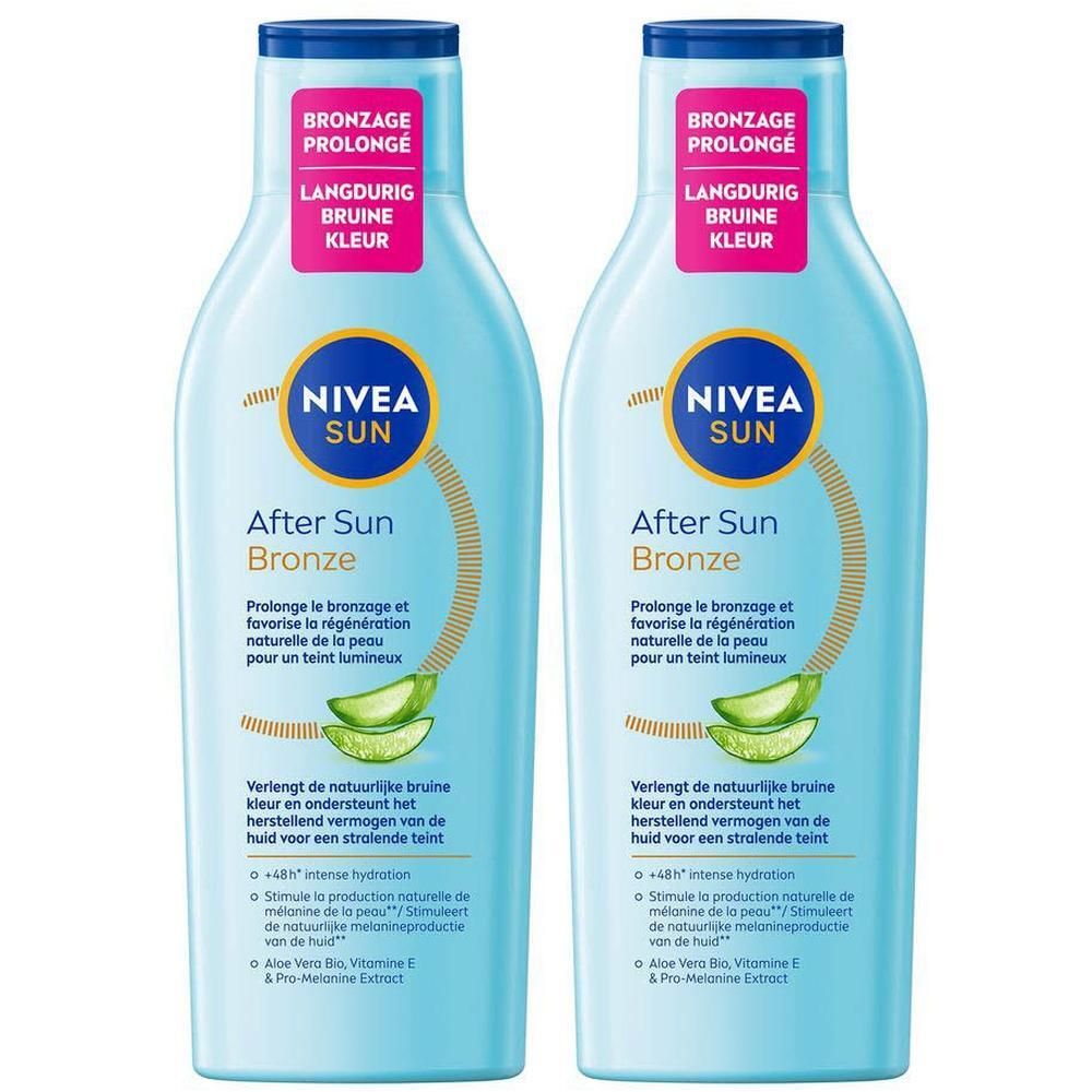 Twee flessen Nivea After Sun Bronze met Aloë Vera en Vitamine E.