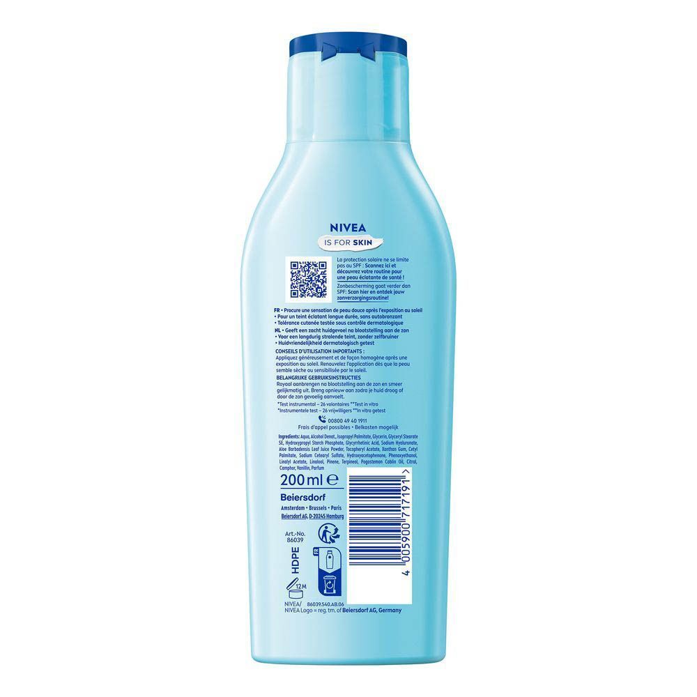 Arrière d'un flacon de Nivea After Sun Bronze de 200 ml.