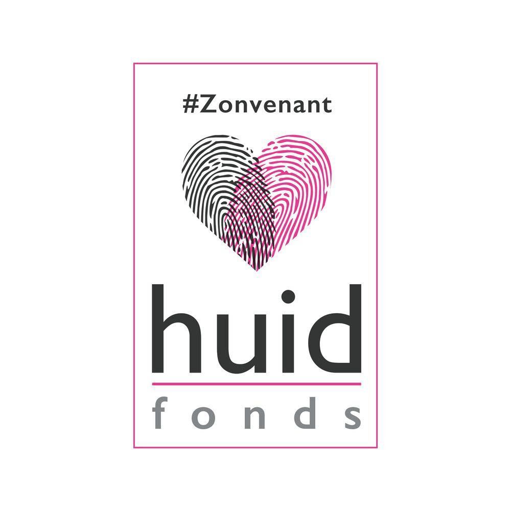 Logo met hart van vingerafdrukken en tekst 'huid fonds'.