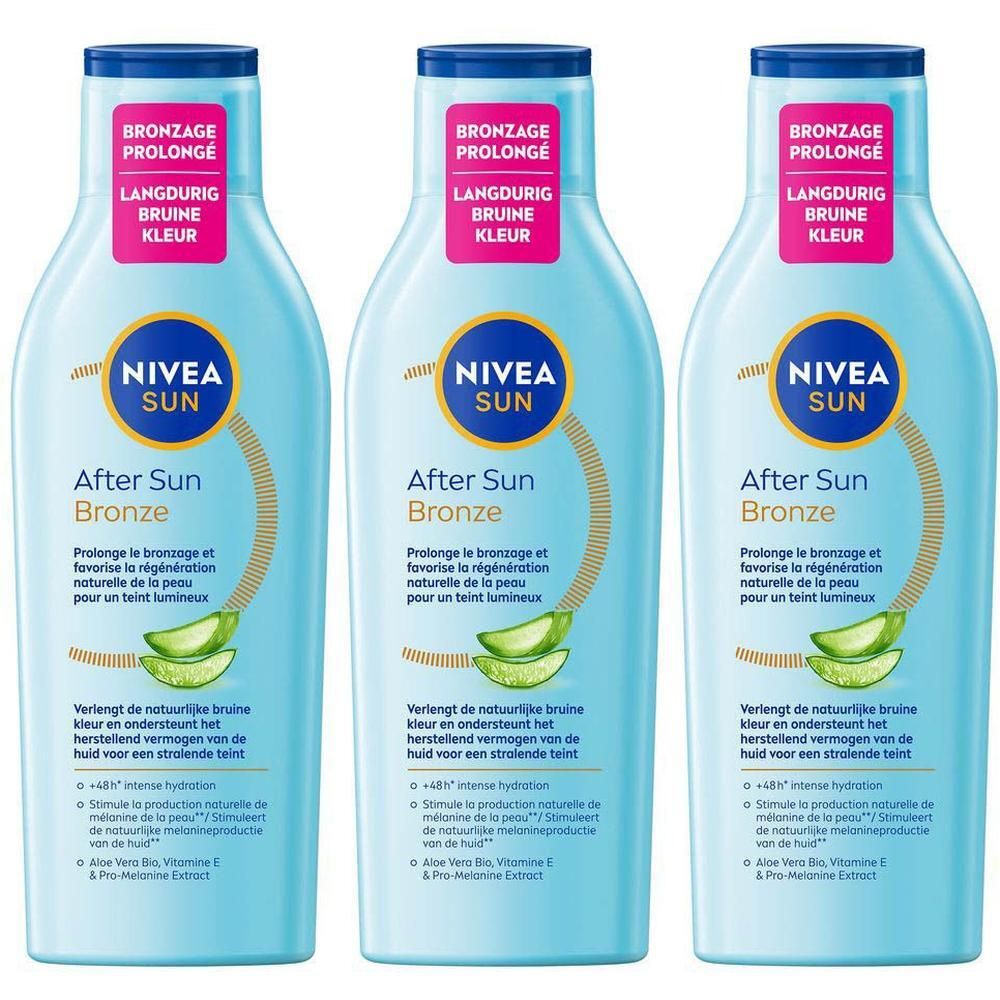 Drie flessen Nivea After Sun Bronze met Aloë Vera en Vitamine E.