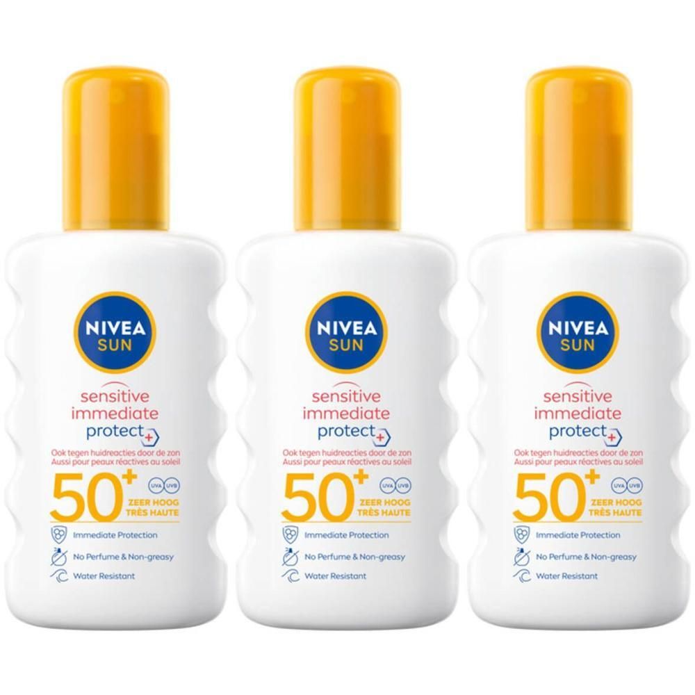 Trois sprays solaires NIVEA Sun Sensitive Protection Immédiate SPF 50+ avec bouchons jaunes.